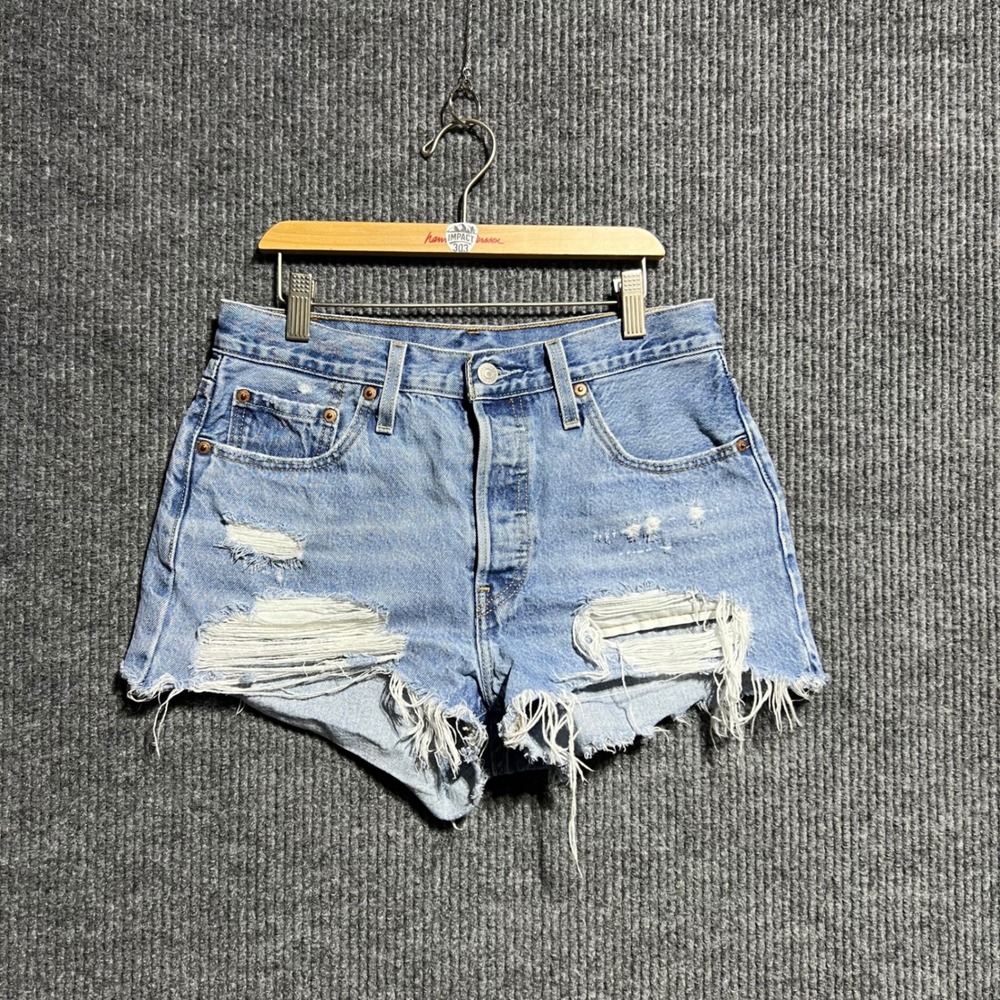 Levis 501 Cut Off Shorts Women 28 Light Blue Distressed Denim Raw Hem Button Fly